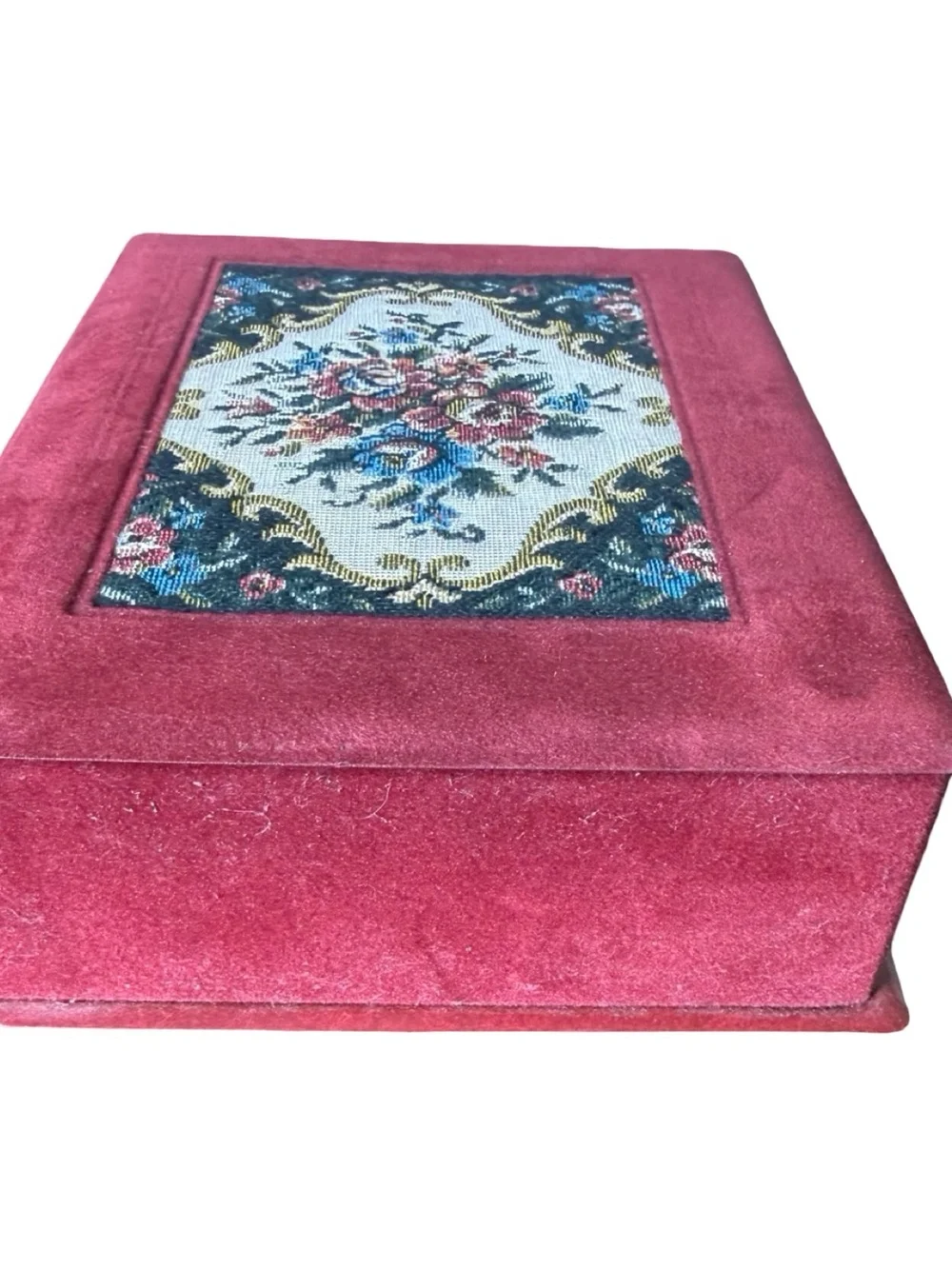 Vintage Red Velvet Jewelry Box Floral Needlepoint Lid Interior Mirror